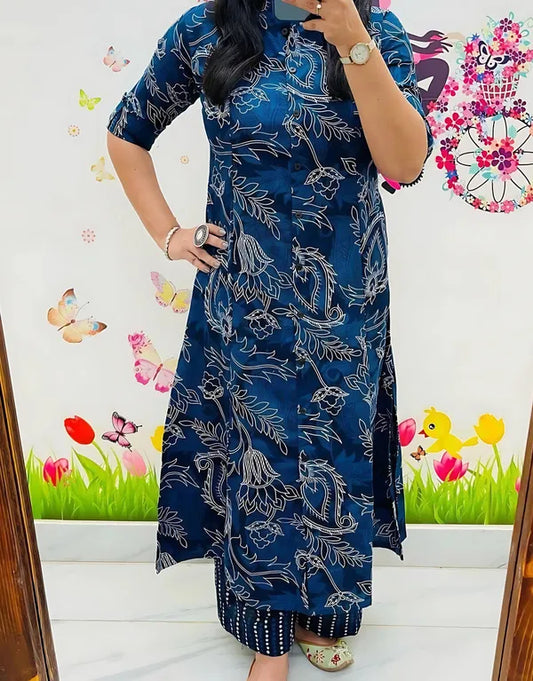 Navy Blue Floral Printed Straight Kurti with Matching Pants – 2-Piece Set