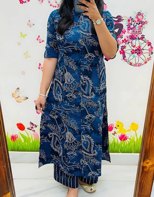 Navy Blue Floral Printed Straight Kurti with Matching Pants – 2-Piece Set