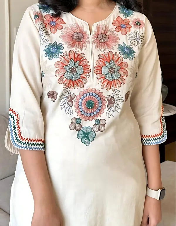 Women’s Ivory Floral Embroidered Straight Kurta – 3/4th Sleeves, Cotton Blend