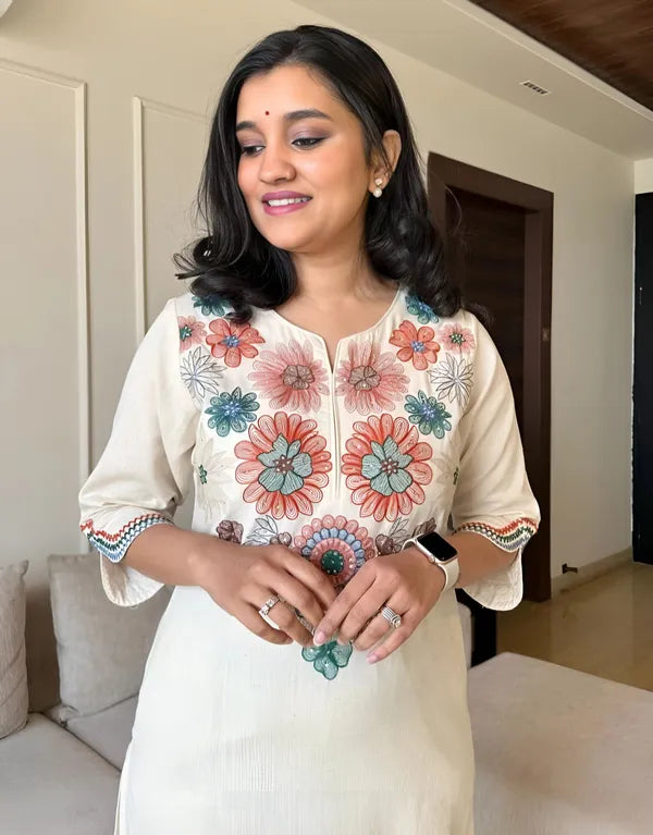 Women’s Ivory Floral Embroidered Straight Kurta – 3/4th Sleeves, Cotton Blend