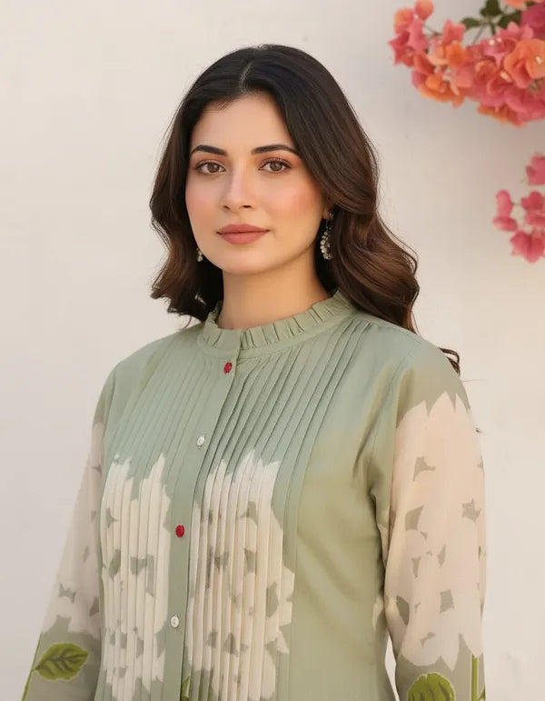 Women’s Sage Green Floral Printed A-Line Kurta with Pintuck Detailing – 3/4th Sleeves