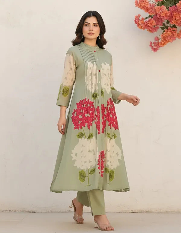 Women’s Sage Green Floral Printed A-Line Kurta with Pintuck Detailing – 3/4th Sleeves