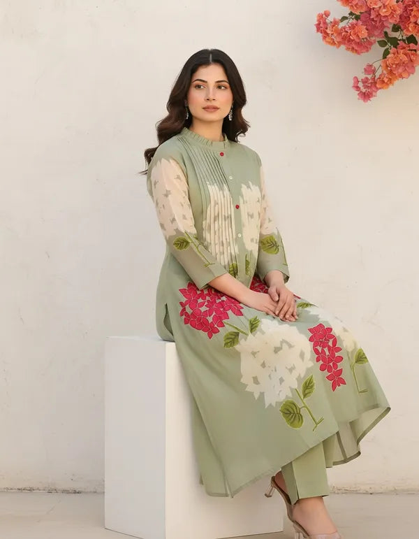 Women’s Sage Green Floral Printed A-Line Kurta with Pintuck Detailing – 3/4th Sleeves